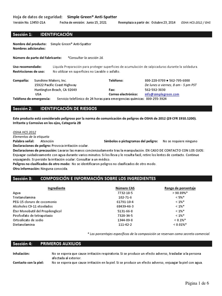 SDS SimpleGreenAntiSpatter | PDF | Agua | Administración de Seguridad y ...