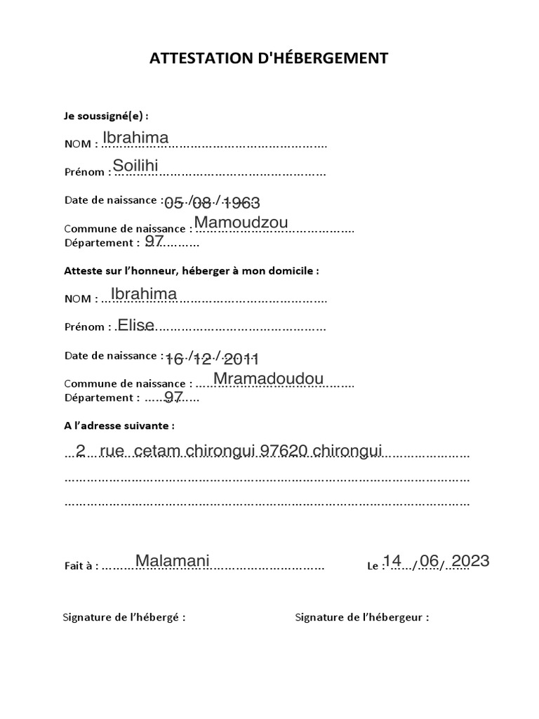 Attestation Hebergement Copie PDF