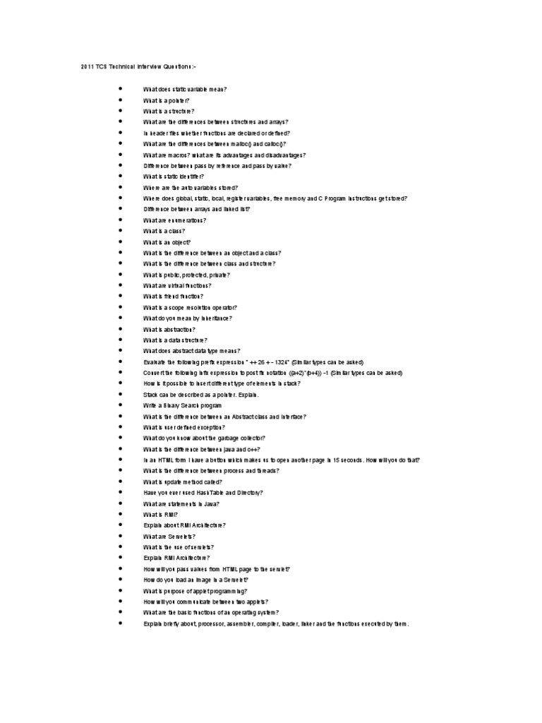TCS Technical Interview Questions Overview | PDF | Class (Computer ...