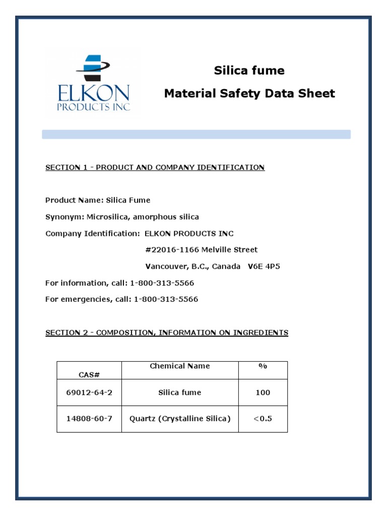 Elkon Products - Silica Fume MSDS, April 2013 | PDF | Nitric Acid ...