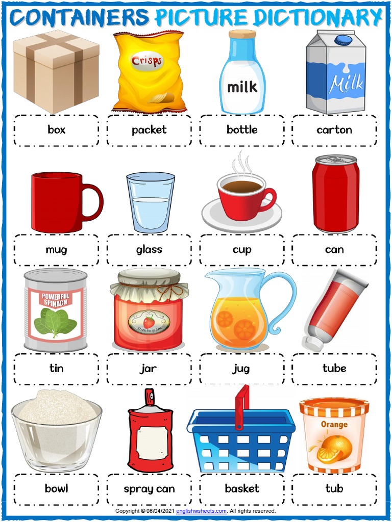 Containers Vocabulary Esl Picture Dictionary Words PDF