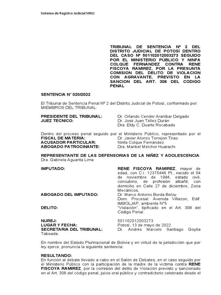 Sentencia Condenatoria Violación | PDF | Violación | Victimologia