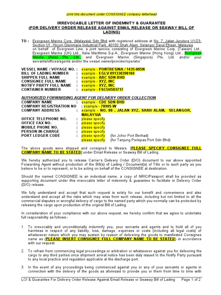 Evergreen Loi PDF Indemnity Bill Of Lading