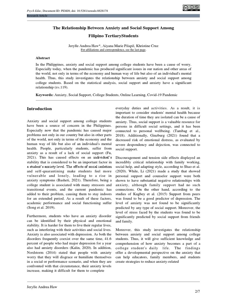 The Relationship Between Anxiety and Social Support Among Filipino ...