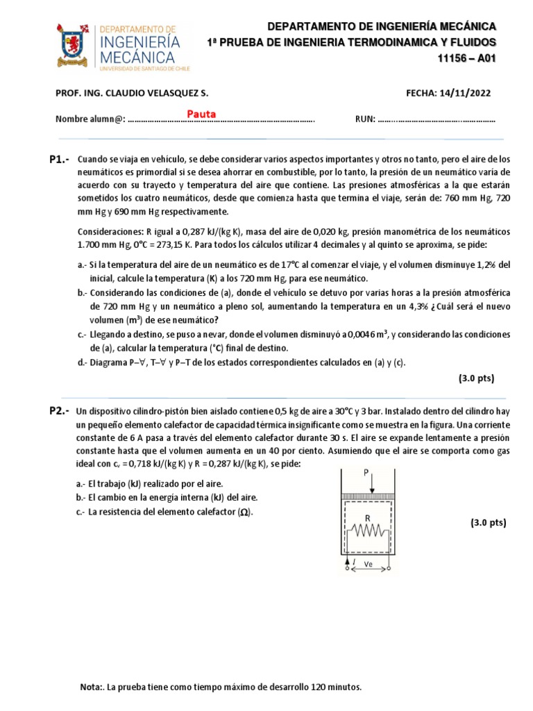 Prueba de Termodinámica y Fluidos | PDF | Gases | Neumático