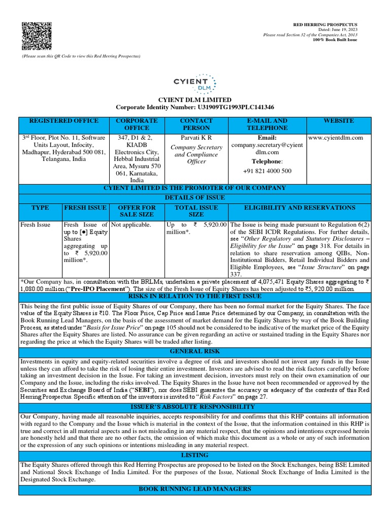 Cyient DLM Limited RHP | PDF | Stocks | Investing