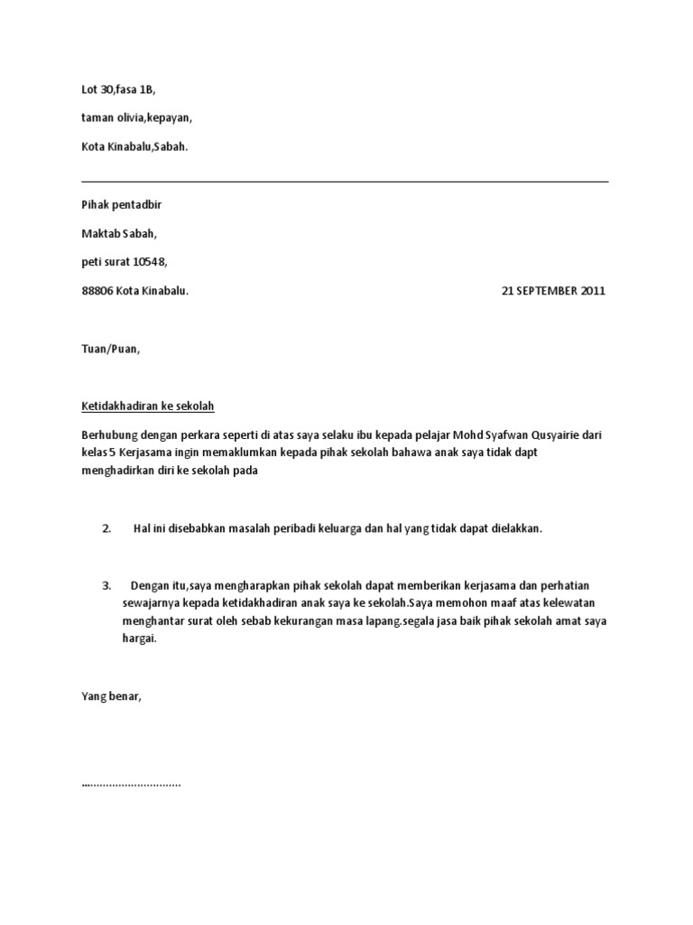 Surat Ketidakhadiran Ke Sekolah