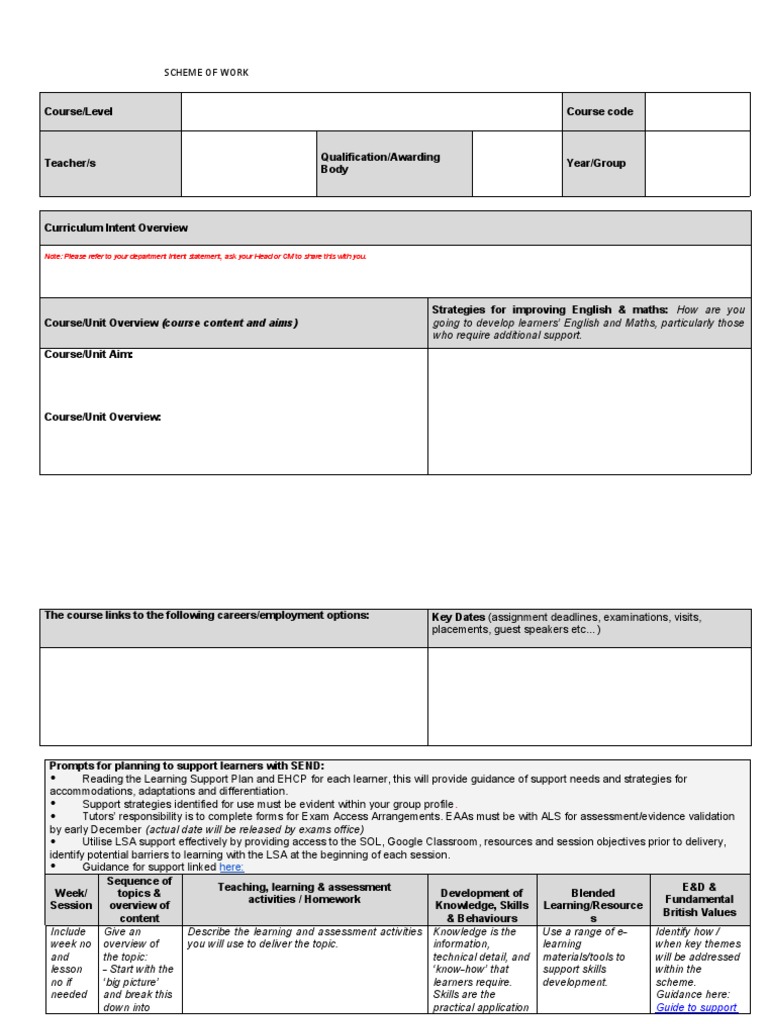 SCHEME OF WORK Template | Download Free PDF | Educational Assessment
