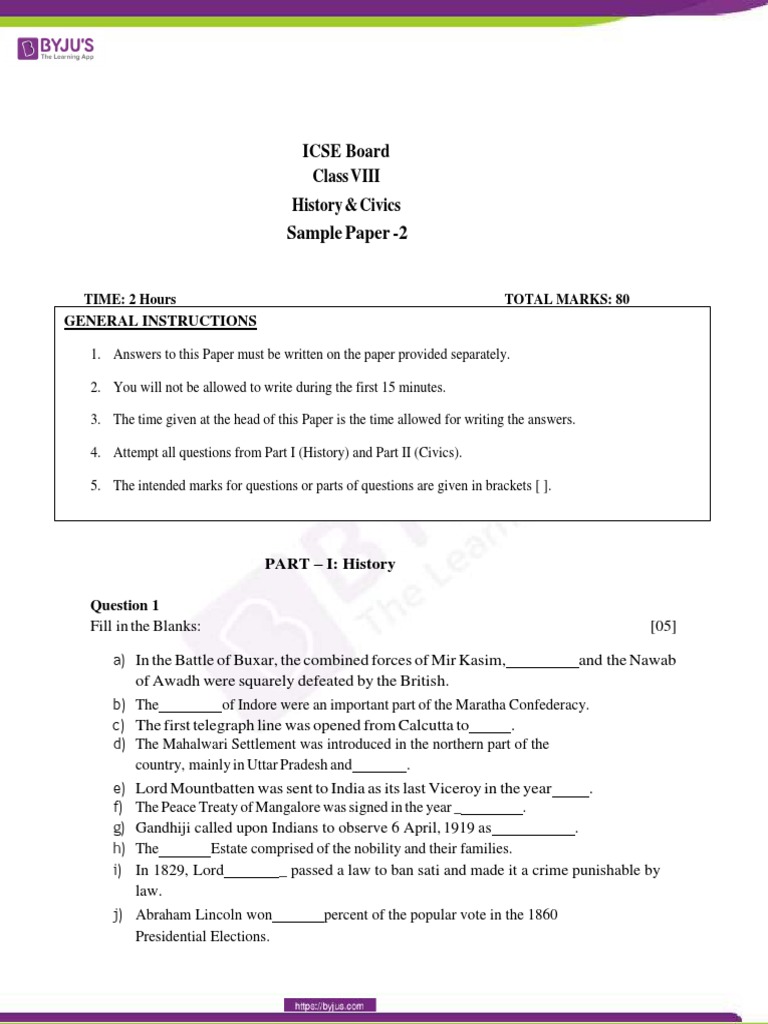 ICSE Class 8 History Civics Sample Paper 2 | PDF
