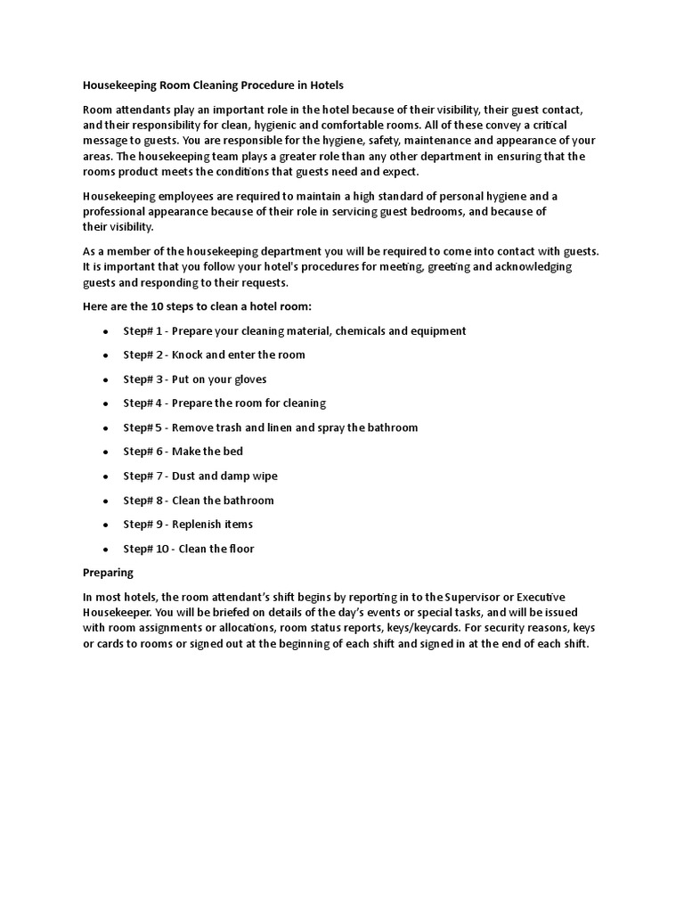 Housekeeping Room Cleaning Procedure in Hotels PDF