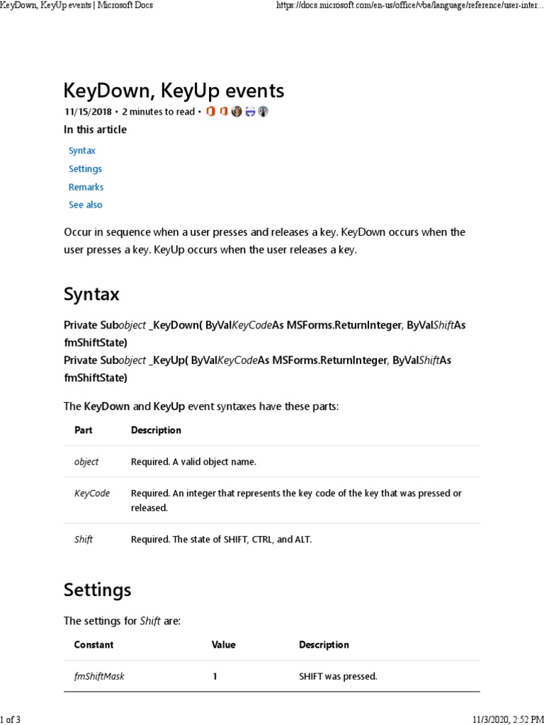 KeyDown, KeyUp Events Microsoft Docs PDF