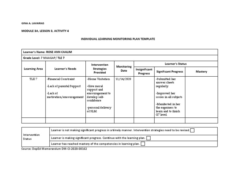 Individual Learning Monitoring Plan Template | PDF