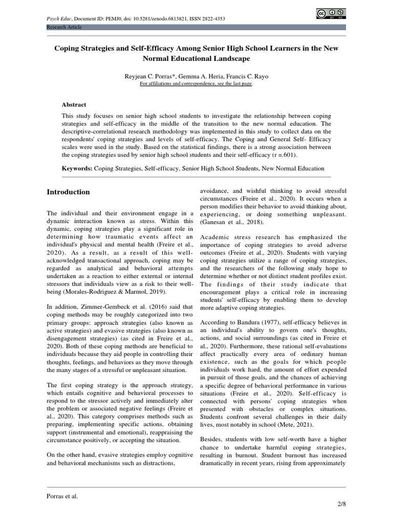 Coping Strategies and Self-Efficacy in Students | PDF | Self Efficacy ...