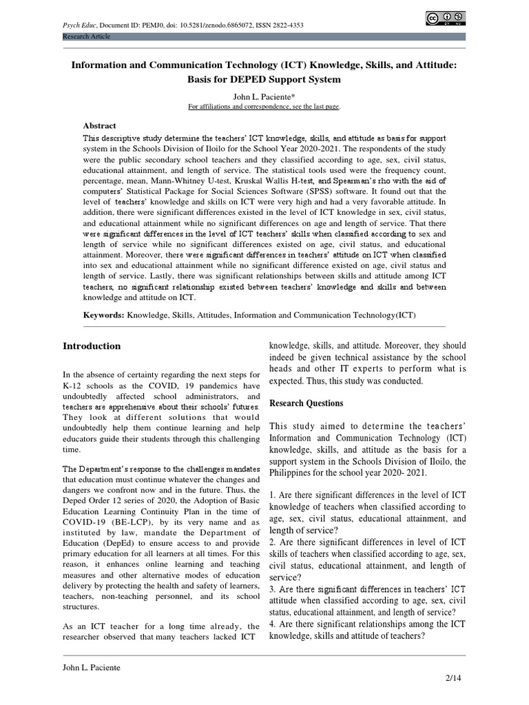 Information and Communication Technology (ICT) Knowledge, Skills, and ...