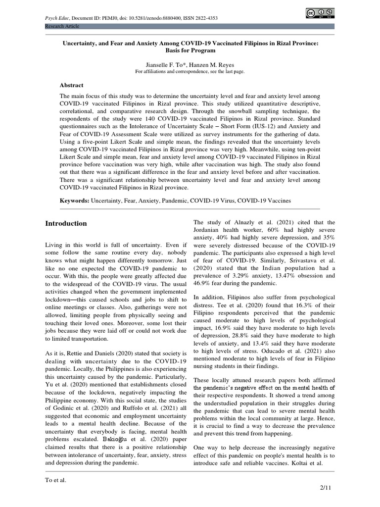 COVID-19 Vaccination: Fear & Anxiety in Filipinos | PDF | Anxiety ...