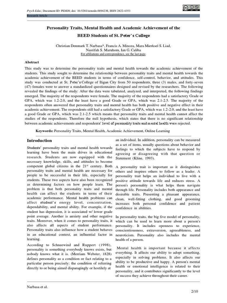 Personality Traits, Mental Health and Academic Achievement of The BEED ...