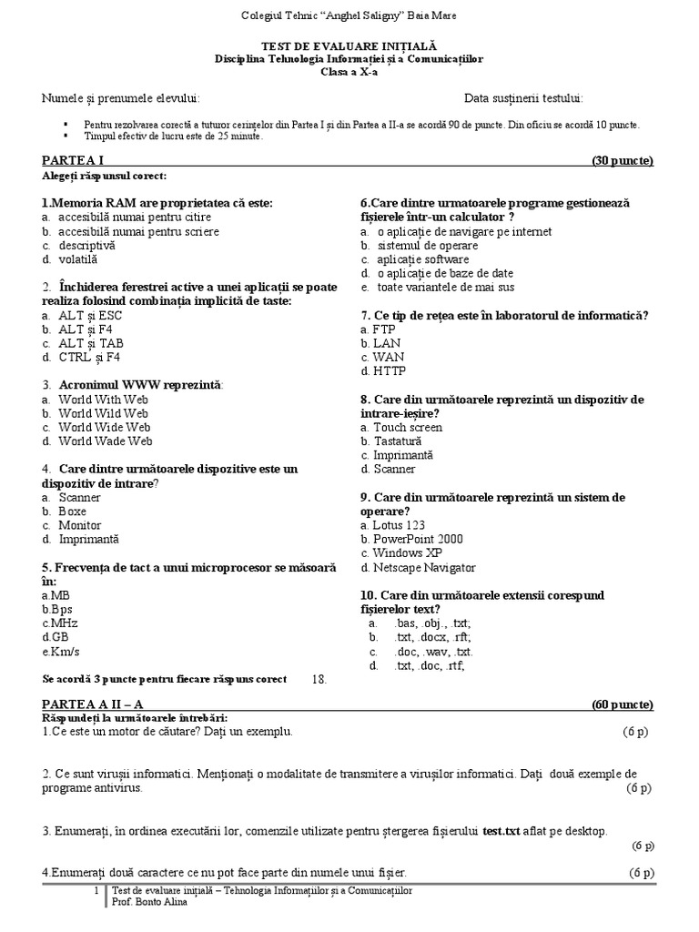 Test Initial Cls 10 Cu Barem Notare | PDF
