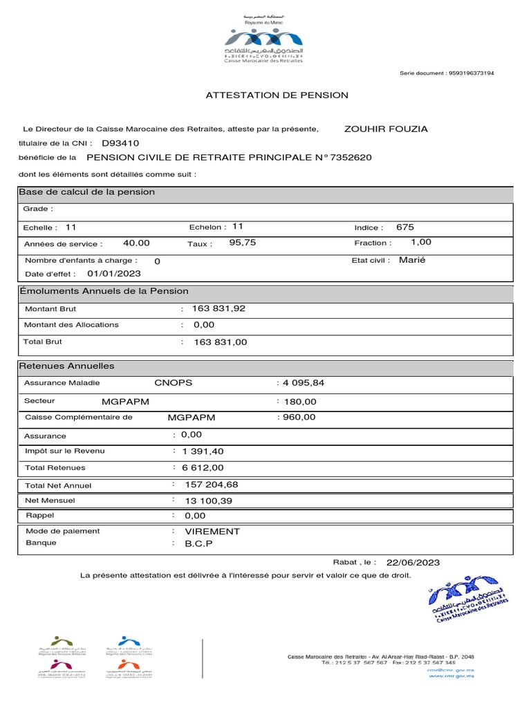 Attestation De Pension Retraite