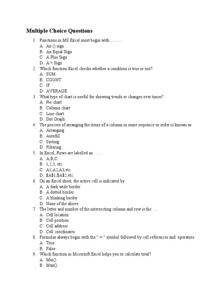 Multiple Choice Questions | PDF | Microsoft Excel | Worksheet