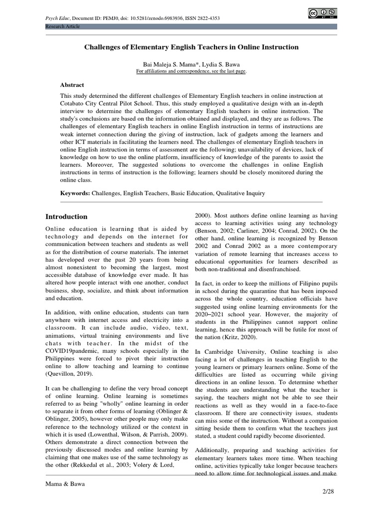 Challenges of Elementary English Teachers in Online Instruction | PDF
