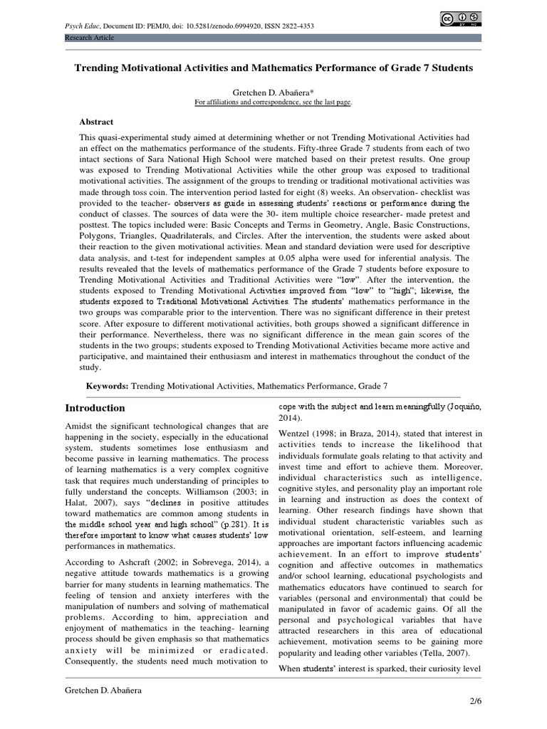 Trending Motivational Activities and Mathematics Performance of Grade 7