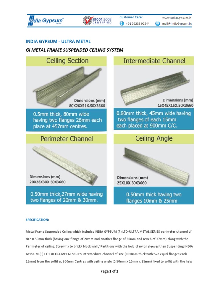 India Gypsum - Ultra Metal - Gi Metal Frame Suspended Ceiling System | PDF