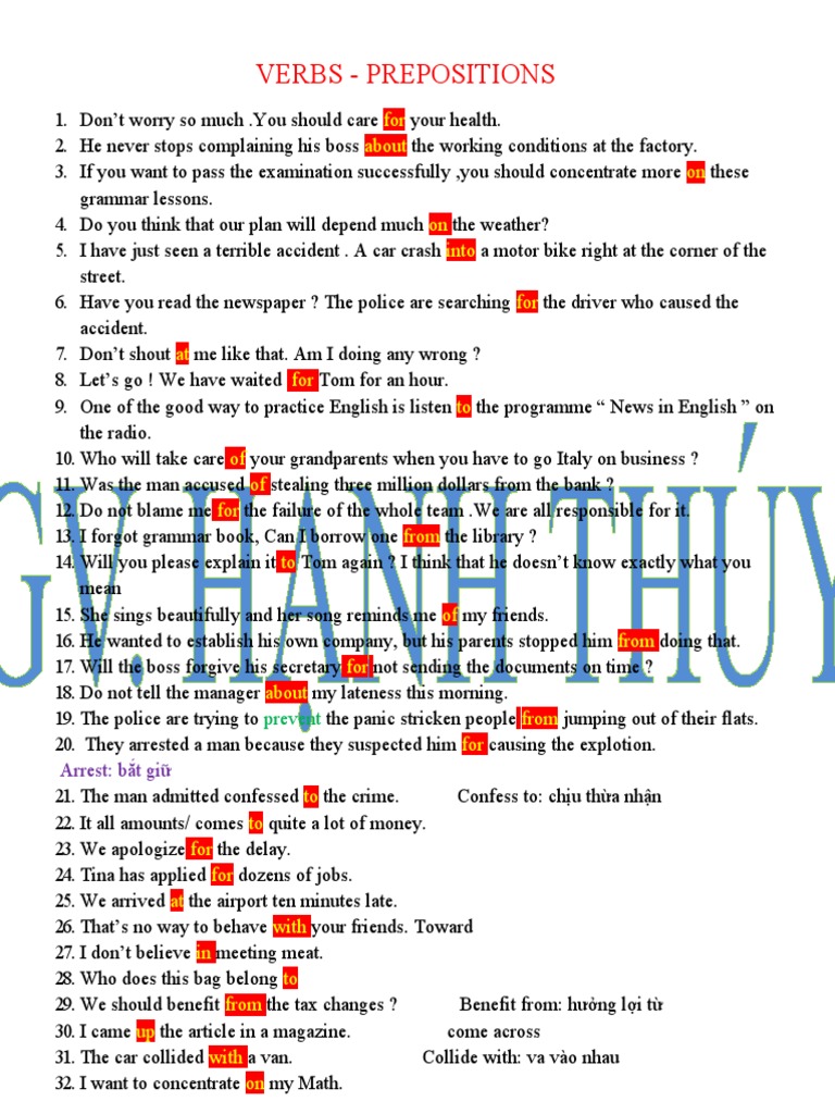 Verbs and Prepositions Practice Guide | PDF