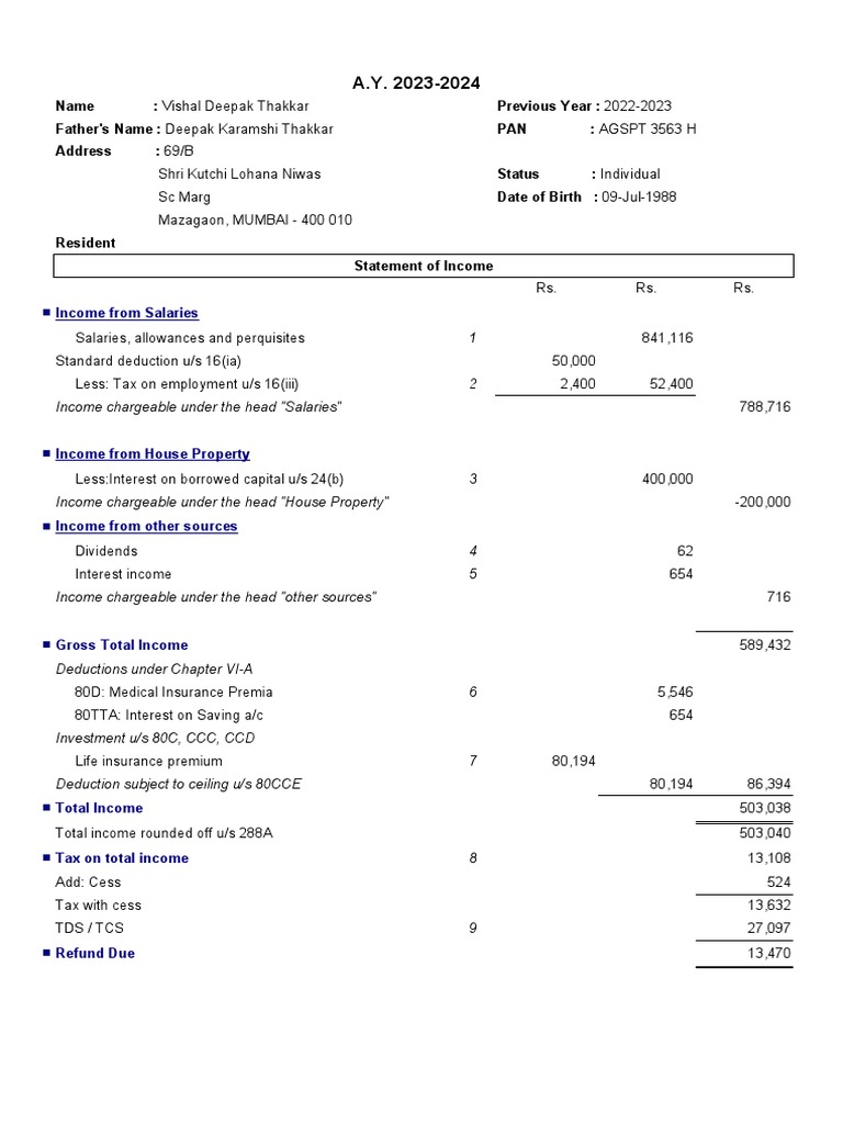 Income Statement for Vishal Thakkar | PDF | Life Insurance | Dividend
