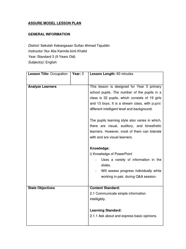 ASSURE Model Lesson Plan | PDF