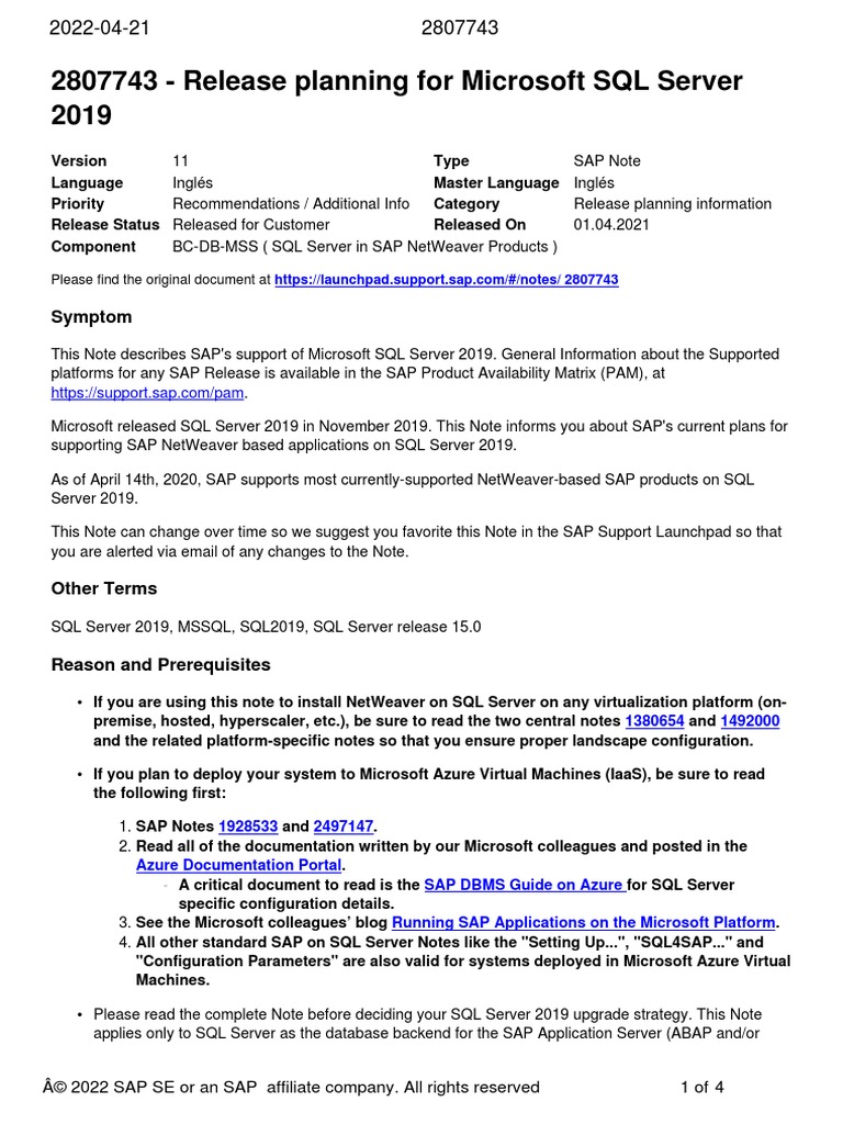 2807743 - Release Planning for Microsoft SQL Server 2019 | PDF