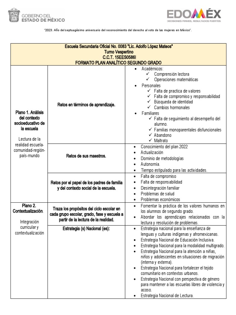 Plan Análitico de Segundo Grado | PDF