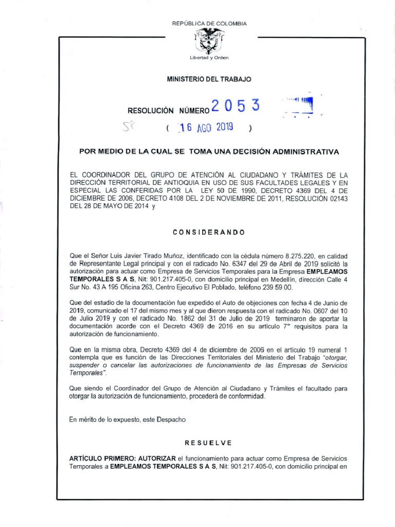 Licencia de Funcionamiento - Resolucion 2053 de 2019 | PDF
