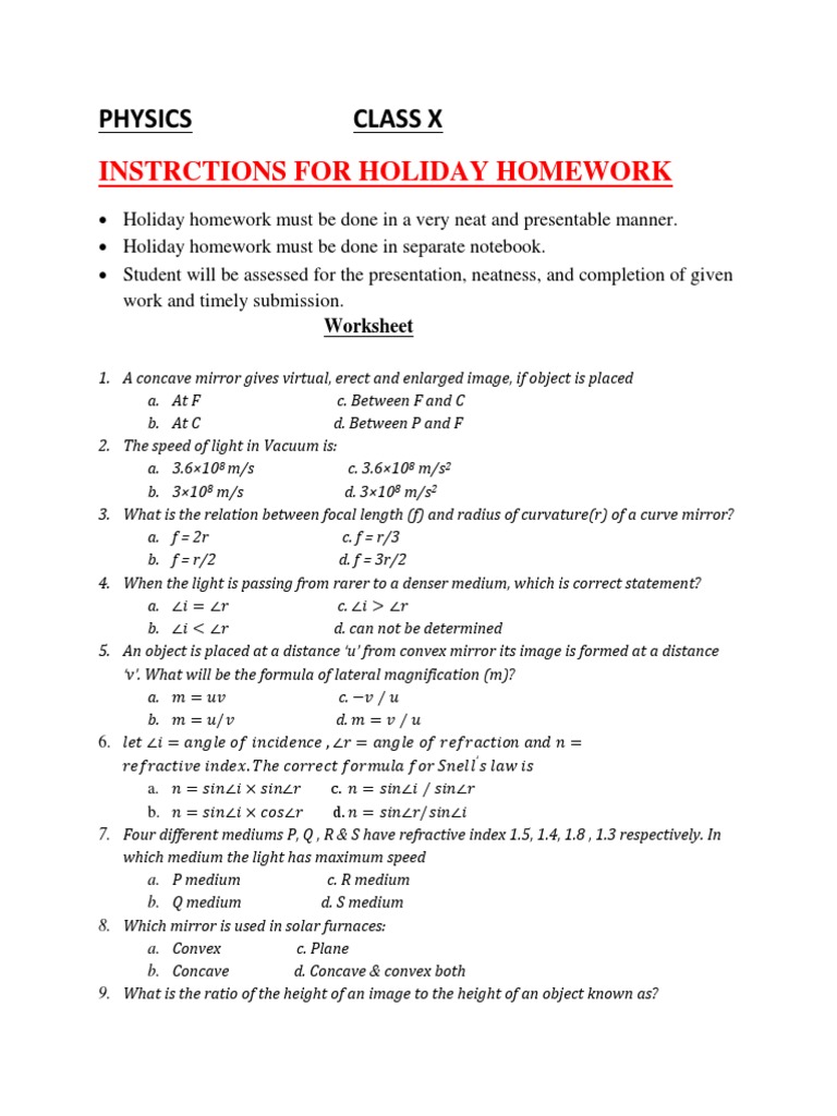 physics holiday homework class 10
