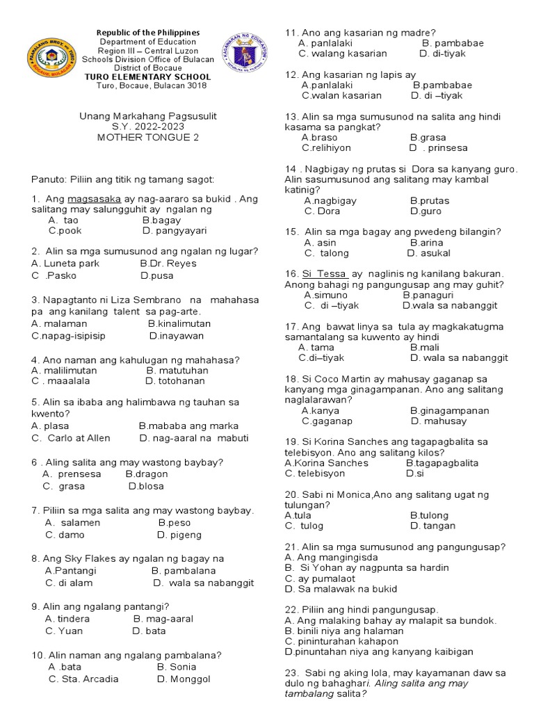 Grade 2 First Periodical Test | PDF