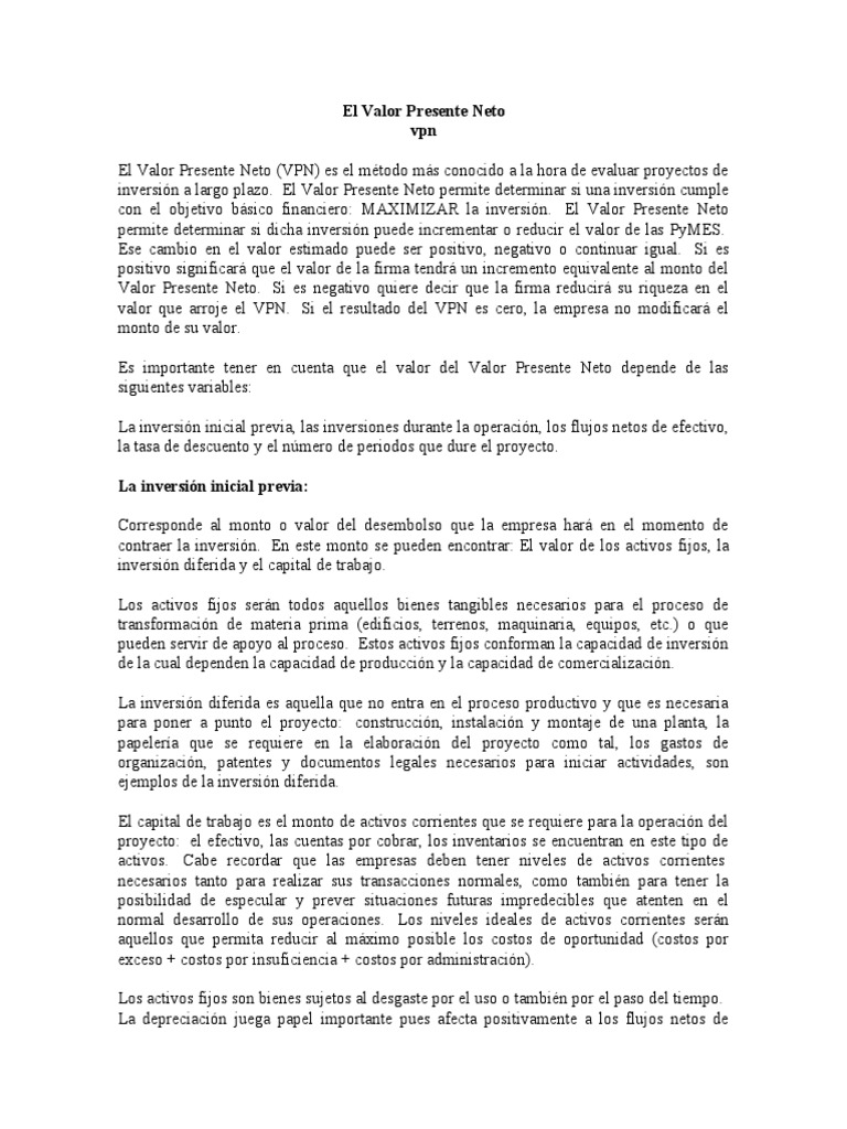 El Valor Presente Neto | PDF | Tasa interna de retorno | Business