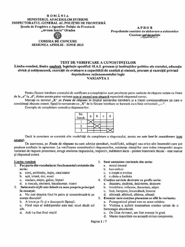 Test Romana-Engleza Iunie 2023 | PDF