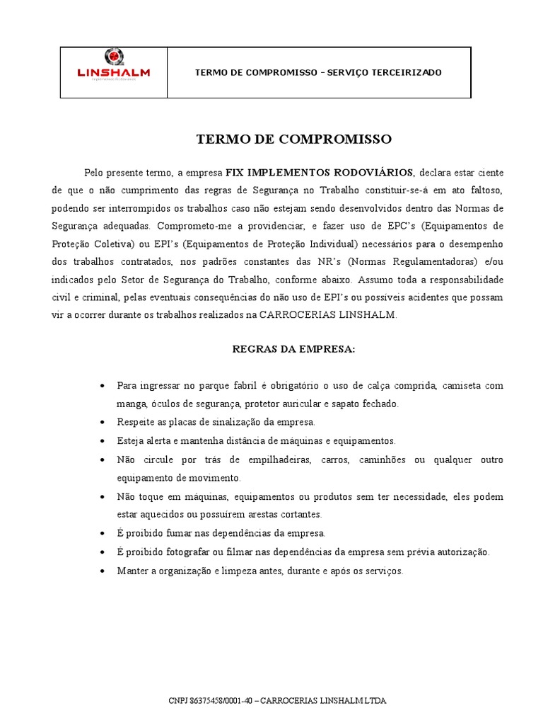 Termo de Compromisso - Segurança no Trabalho | PDF | Negócios