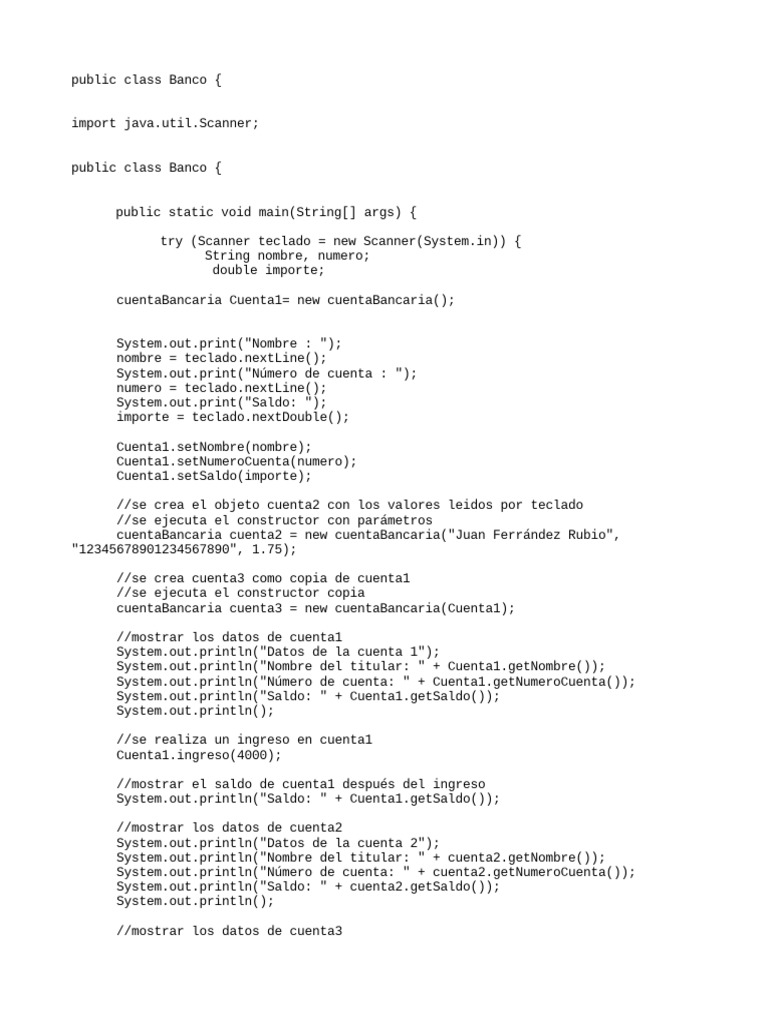 Ejemplo de Clase Banco en Java | PDF | Constructor (Programación ...