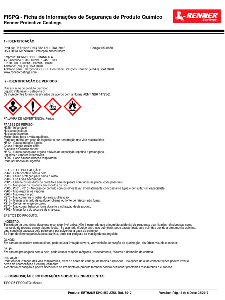 FISPQ Rethane DHG 652 - Renner Coatings | PDF | Autoajuda | Bem-estar