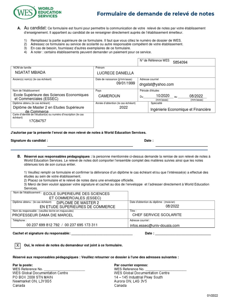 Formulaire de demande de relevé de notes WES | PDF