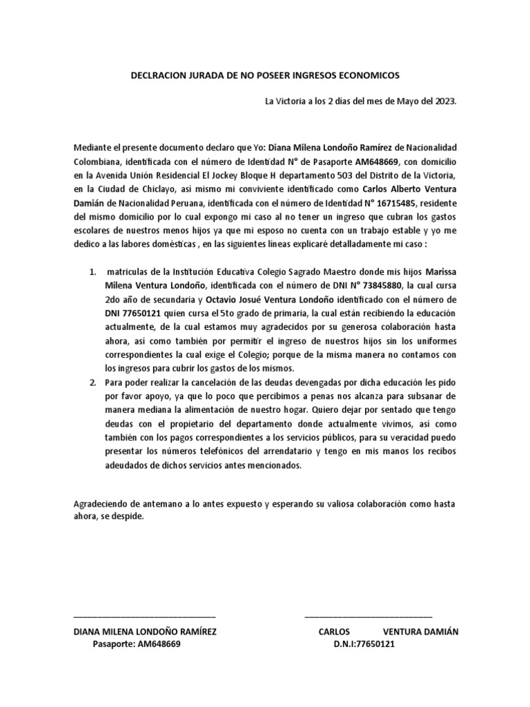 DECLaRACION JURADA DE NO POSEER INGRESOS ECONOMICOS MILENA (1) | PDF