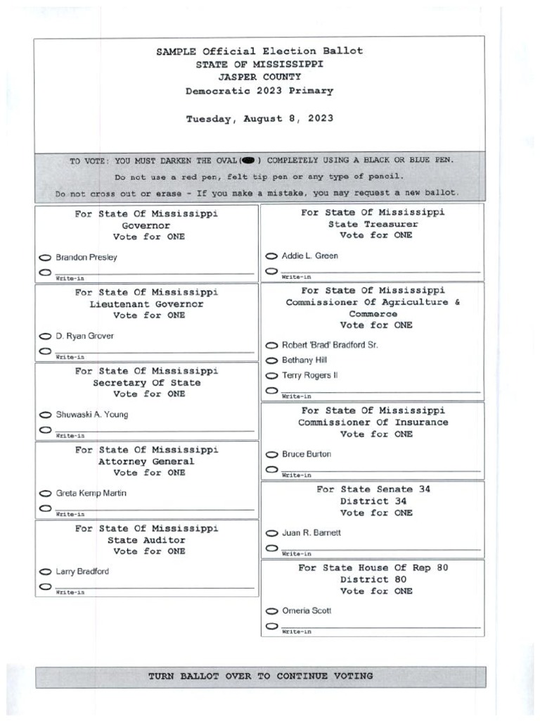 Jasper County Democratic Sample Ballot PDF