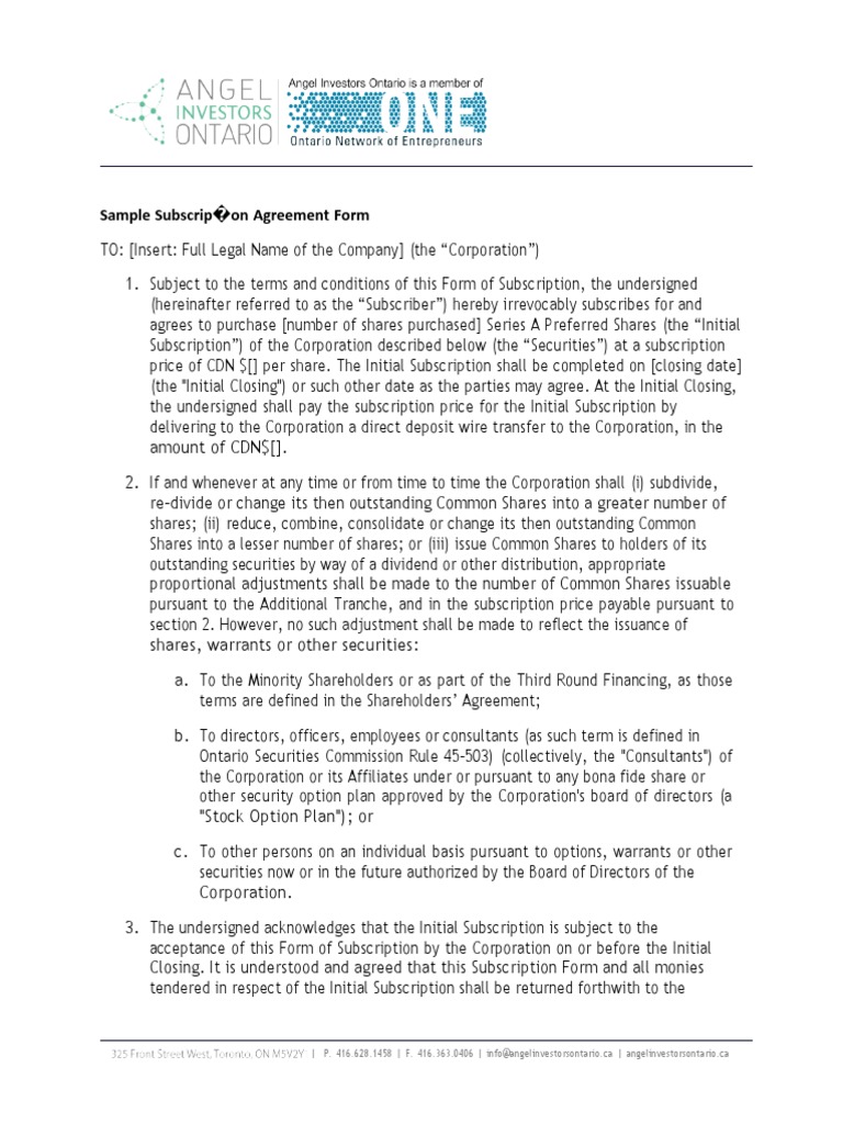 Sample Subscription Agreement | PDF