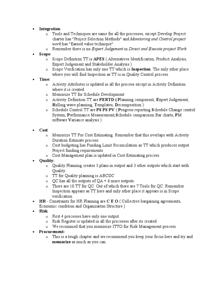 Tips To Remember PMP Processes ITTO | PDF | Quality Assurance | Leadership
