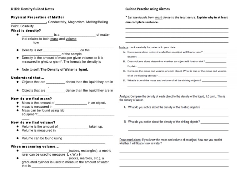 U1D9-Density Guided Notes & Practice-DL | PDF