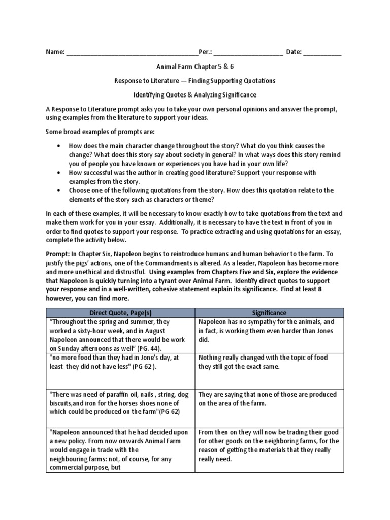 Animal Farm Chapter 5 and 6 Identifying Quotes and Analyzing