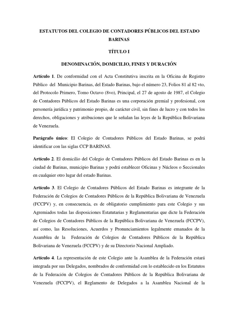 Estatutos Del Colegio de Contadores Publicos Del Estado Barinas | PDF ...