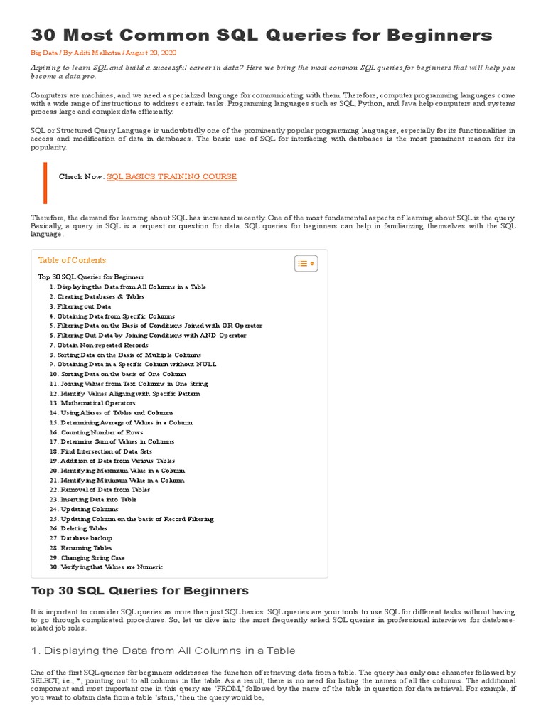 30 Most Common SQL Queries For Beginners - Whizlabs Blog | PDF | Sql ...