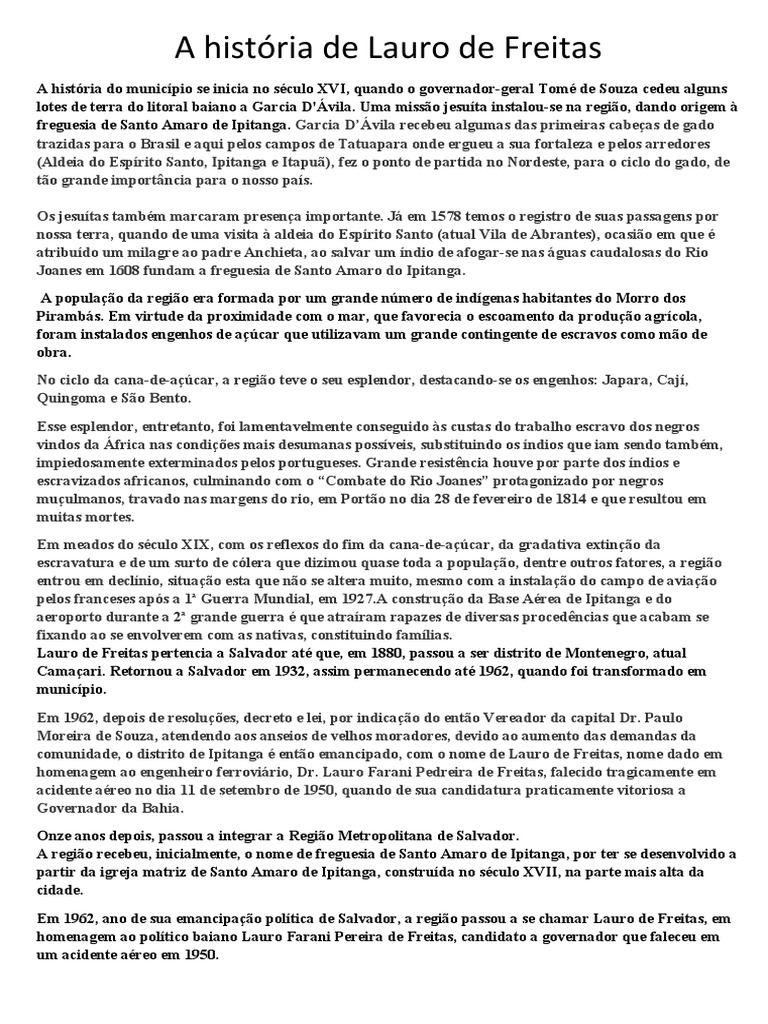 História de Lauro de Freitas: Origens e Cultura | PDF | Turismo