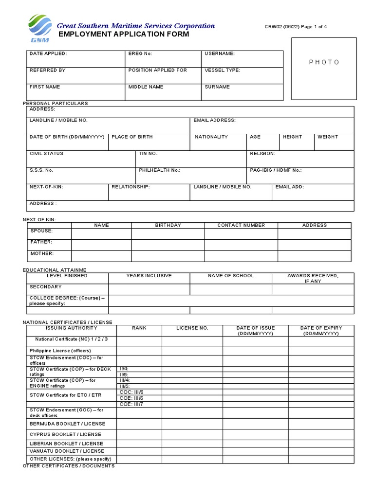 GSM Employment Form New PDF